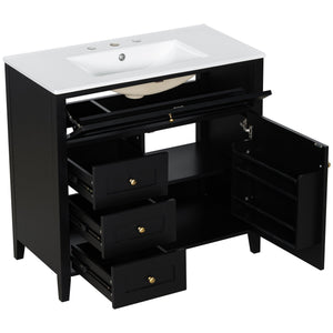 English Elm 36-Inch Black Bathroom Vanity With Sink – Modern Design, 3 Drawers, Adjustable Shelf For Storage N725P350821B