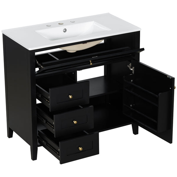 English Elm 36-Inch Black Bathroom Vanity With Sink – Modern Design, 3 Drawers, Adjustable Shelf For Storage N725P350821B