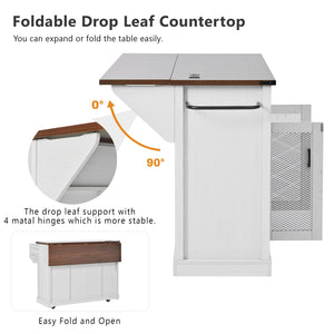 English Elm K&K 58" Farmhouse Kitchen Island with Sliding Barn Door, Drop Leaf, Glass Rack, Locking Wheels, Power White N707P349811W