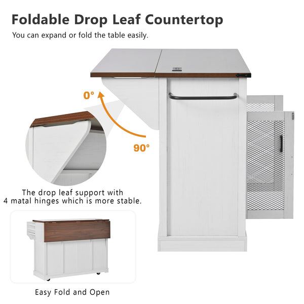 English Elm K&K 58" Farmhouse Kitchen Island with Sliding Barn Door, Drop Leaf, Glass Rack, Locking Wheels, Power White N707P349811W