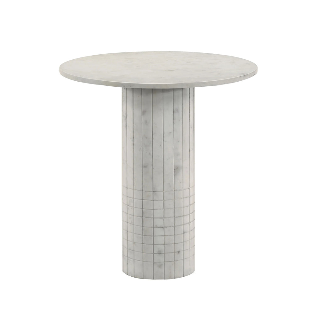 English Elm Round White Marble End Table with Fluted Cylindrical Base, Neoclassical Grid Texture Accent Piece B016S00038