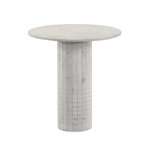 English Elm Round White Marble End Table with Fluted Cylindrical Base, Neoclassical Grid Texture Accent Piece B016S00038