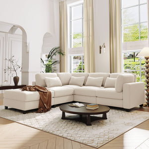 English Elm 5 Pieces L Shaped Sofa With Removable Ottomans and Comfortable Waist Pillows