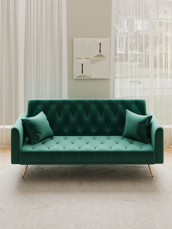 English Elm 71 Convertible Loveseat Sofa Bed Velvet Upholstered 2-Seater with Golden Legs, Retro Chic, 600lb Capacity Green W165880949