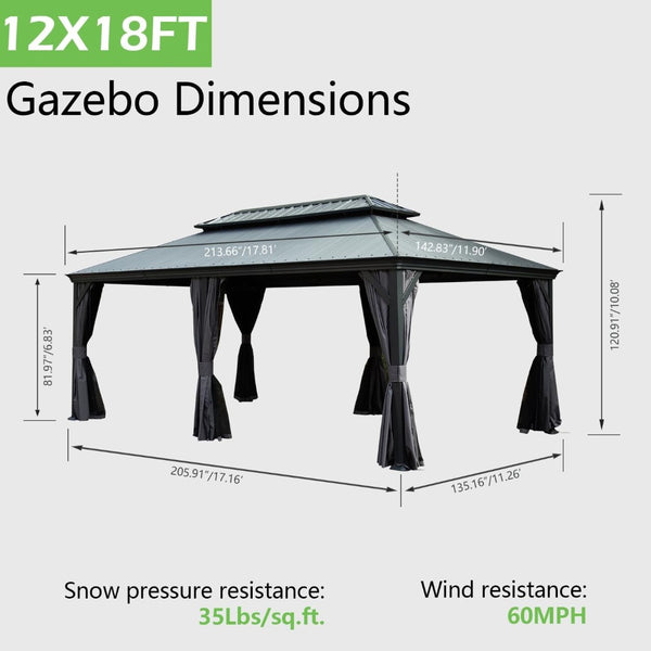 English Elm 12'x18' Hardtop Gazebo Dual Roof Steel Frame Permanent Patio Pavilion with Netting W1859S00187