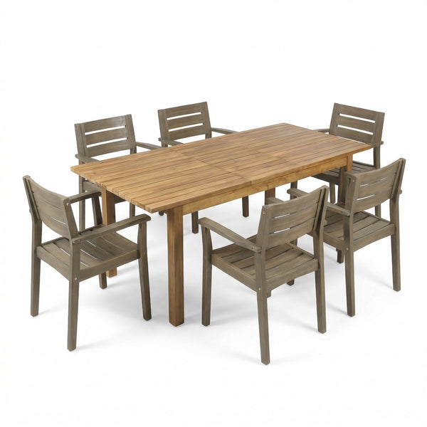 English Elm 7 Piece Solid Acacia Hardwood Expandable Outdoor Dining Set with Six Slatted Chairs Grey,Teak N762S000033AAE