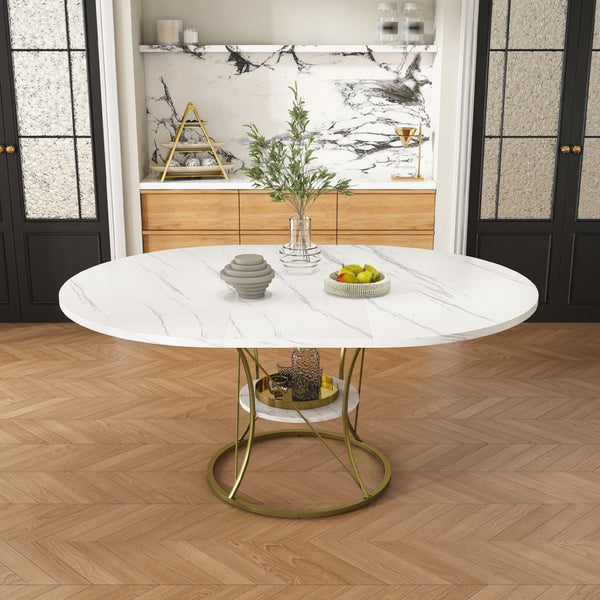 English Elm 43 Inch Expandable Round Dining Table Walnut Veneer Seats Six with Metal Storage Shelf Walnut+Gold W2700P411581