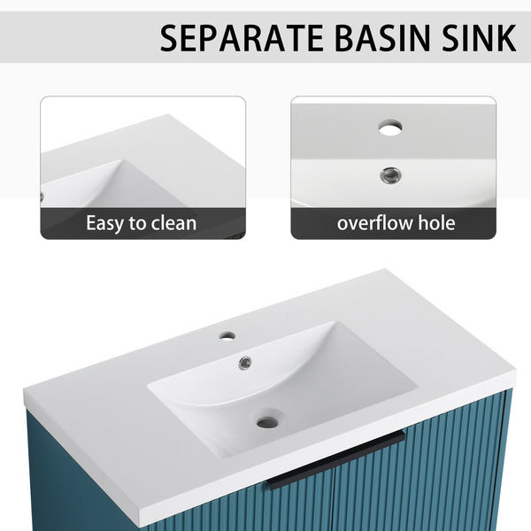 English Elm 36" Floating Bathroom Vanity with Resin Sink, Wavy Doors, Soft-Close Hinges & Durable Plywood Finish Lake Blue W999P251809