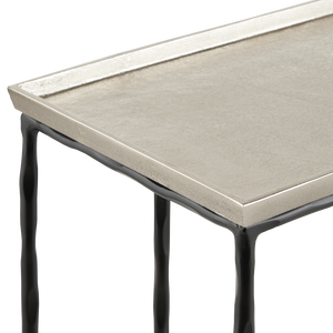 Boyles Silver C Table - Modern Antique Silver Side Table with Wavy Black Iron Base for Chic Spaces
