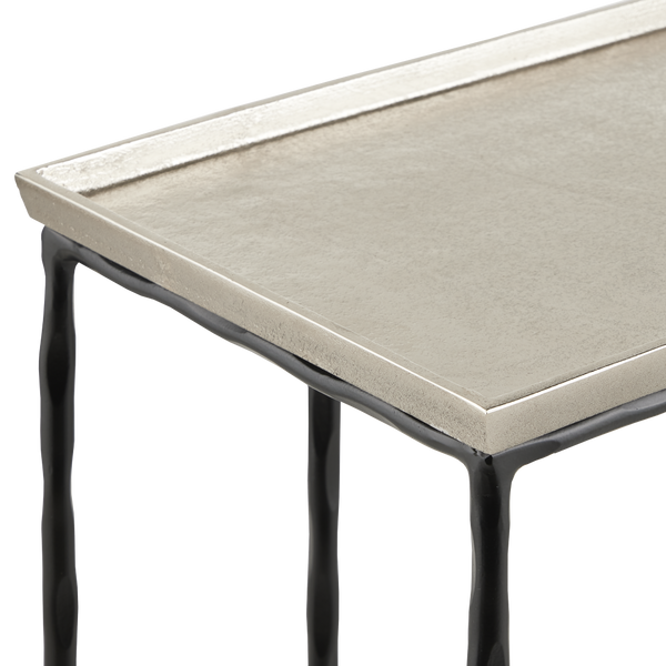 Boyles Silver C Table - Modern Antique Silver Side Table with Wavy Black Iron Base for Chic Spaces