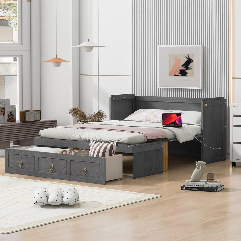 English Elm Full Size Murphy Bed Cabinet with Usb Charging Drawer and Pine Wood Frame Gray LP000427AAE