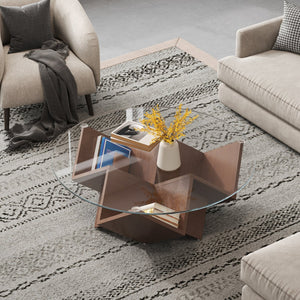 English Elm The Round Coffee Table 35.4" — Glass Top, Geometric Art Deco Walnut Base with Integrated Storage Shelves N735P350383D