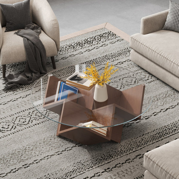 English Elm The Round Coffee Table 35.4" — Glass Top, Geometric Art Deco Walnut Base with Integrated Storage Shelves N735P350383D