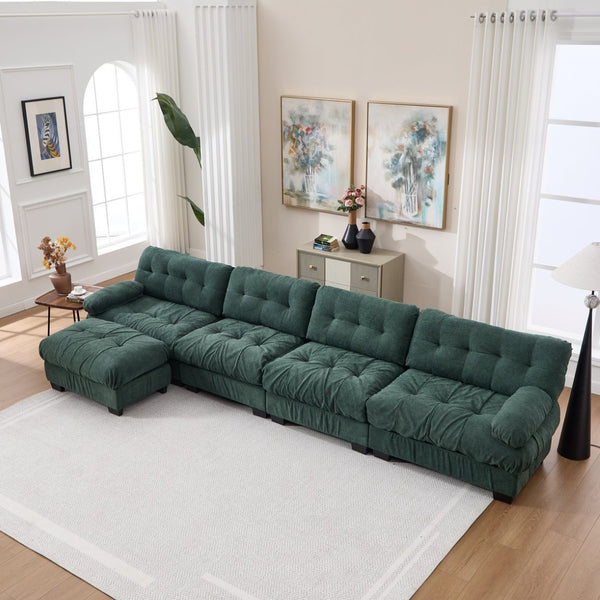 English Elm Modular Cloud Sofa Deep Seat Flannelette Sectional with Round Armrests for Living Room Green W2120S00047