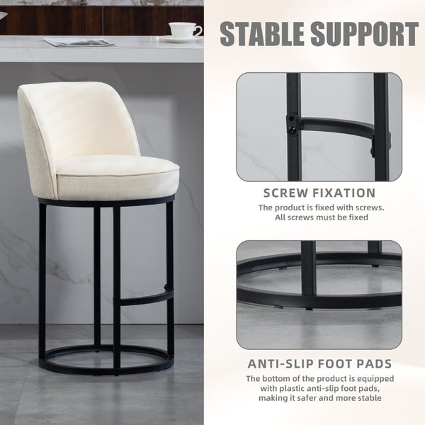 English Elm Counter Height Barstools Set of 2 Linen Upholstered Barrel Seat with Iron Legs Beige W395P410430