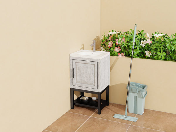 English Elm 20" Compact Bathroom Vanity with Ceramic Sink, Textured Aluminum Faucet, Storage Cabinet & Shelf White W688P224408