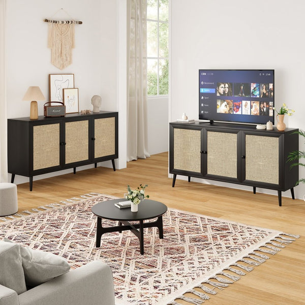 English Elm Sideboard Buffet Cabinet With 3 Rattan Doors - Modern Storage Console For Dining Room & Entryway T3623P380139-GIGA