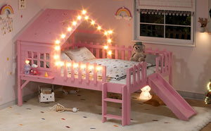 English Elm Twin Playhouse Loft Bed Solid Pine Frame with Slide Led Lights and Star Roof Pink W5316S00006