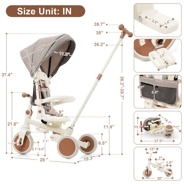 English Elm 7 in 1 Convertible Toddler Trike Aluminum Foldable Push Bike with Canopy for Ages 1 to 6 Ivory N726P248345O