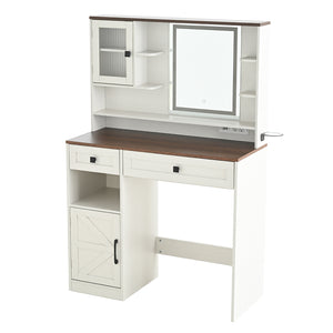 English Elm Farmhouse Makeup Vanity Desk with Lighted Mirror, Built-In Charging Station, Ample Storage and Stool White N844P291652M