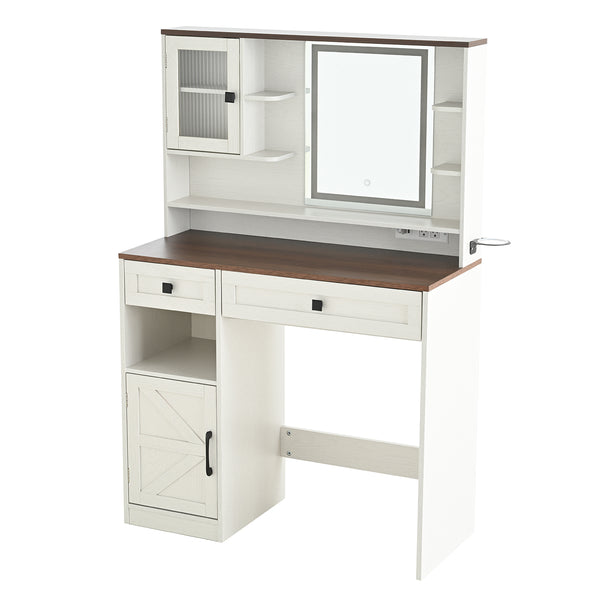 English Elm Farmhouse Makeup Vanity Desk with Lighted Mirror, Built-In Charging Station, Ample Storage and Stool White N844P291652M