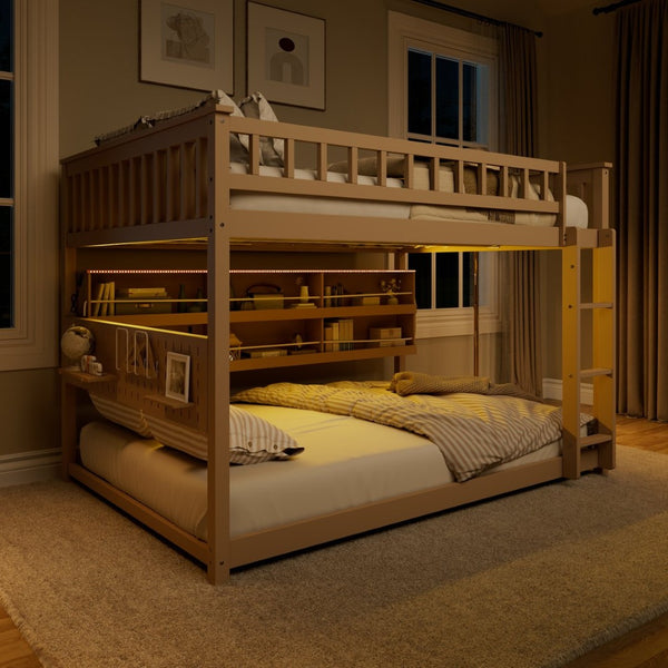 English Elm Full Over Bunk Bed with Led Lighting Pegboard Shelving and Pine Wood Frame Beige LT000278AAA