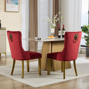 English Elm Mid-Century Tufted Velvet Dining Chair with Lion Head Pull Ring, Gold Legs, Nailhead Trim, Luxurious Support WINE RED W1143P233645