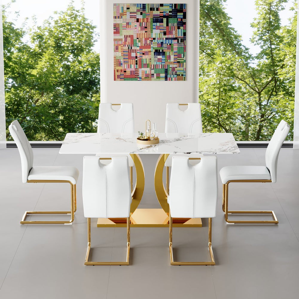 English Elm Marble-Veined Tempered Glass Dining Set: Transformable 63" Table & 6 Gold-Accented Armchairs, Modern Elegance W2920S00086