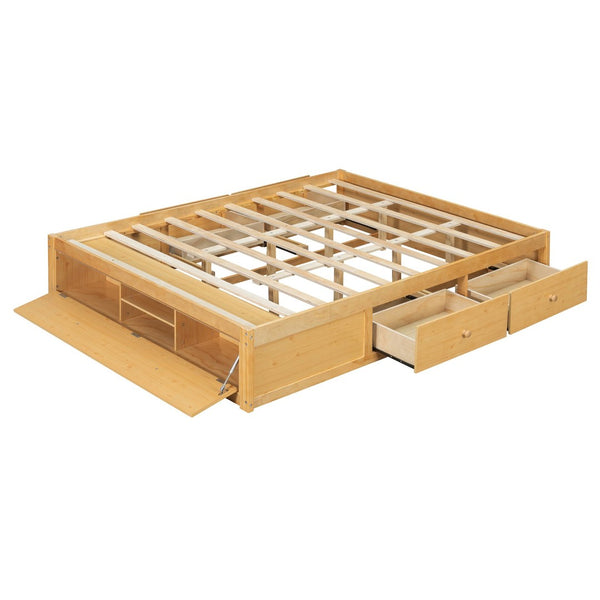 English Elm Queen Platform Storage Bed with Hydraulic Lift Footboard and Four Drawers Antique Finish Natural LP000139AAN