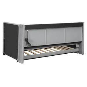 English Elm Twin Upholstered Daybed with Pull-Up Trundle, Velvet High Back with Shelves, Flip Storage & USB Gray SF000194AAE