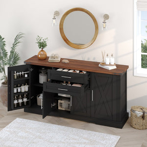 English Elm 63" Fluted Mdf Sideboard with Wood Tone Top Four Doors Three Drawers Dining Storage Black W2917S00012
