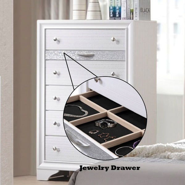 English Elm Naima Textured Finish Dresser with Felt-Lined Jewelry Drawer, Smooth Metal Glides & Silver Pulls White 57 L x 20 W x 37 H B2726P261241