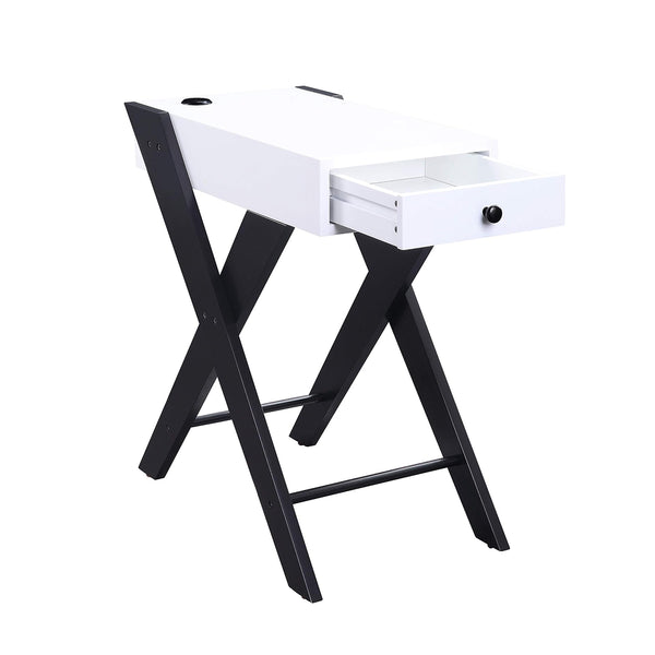 English Elm Accent table with USB power dock, wood top and X-frame legs, pullout drawer for tidy storage and display pieces White+Black B016P311134