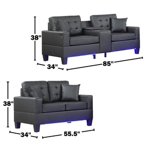 English Elm 2 Piece PVC Fabric Upholstered Living Room Set with LED Lights, USB Ports, Storage Console & Cupholders — Modern Comfort and Style for Home B016S00049