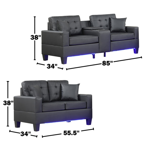 English Elm 2 Piece PVC Fabric Upholstered Living Room Set with LED Lights, USB Ports, Storage Console & Cupholders — Modern Comfort and Style for Home B016S00049