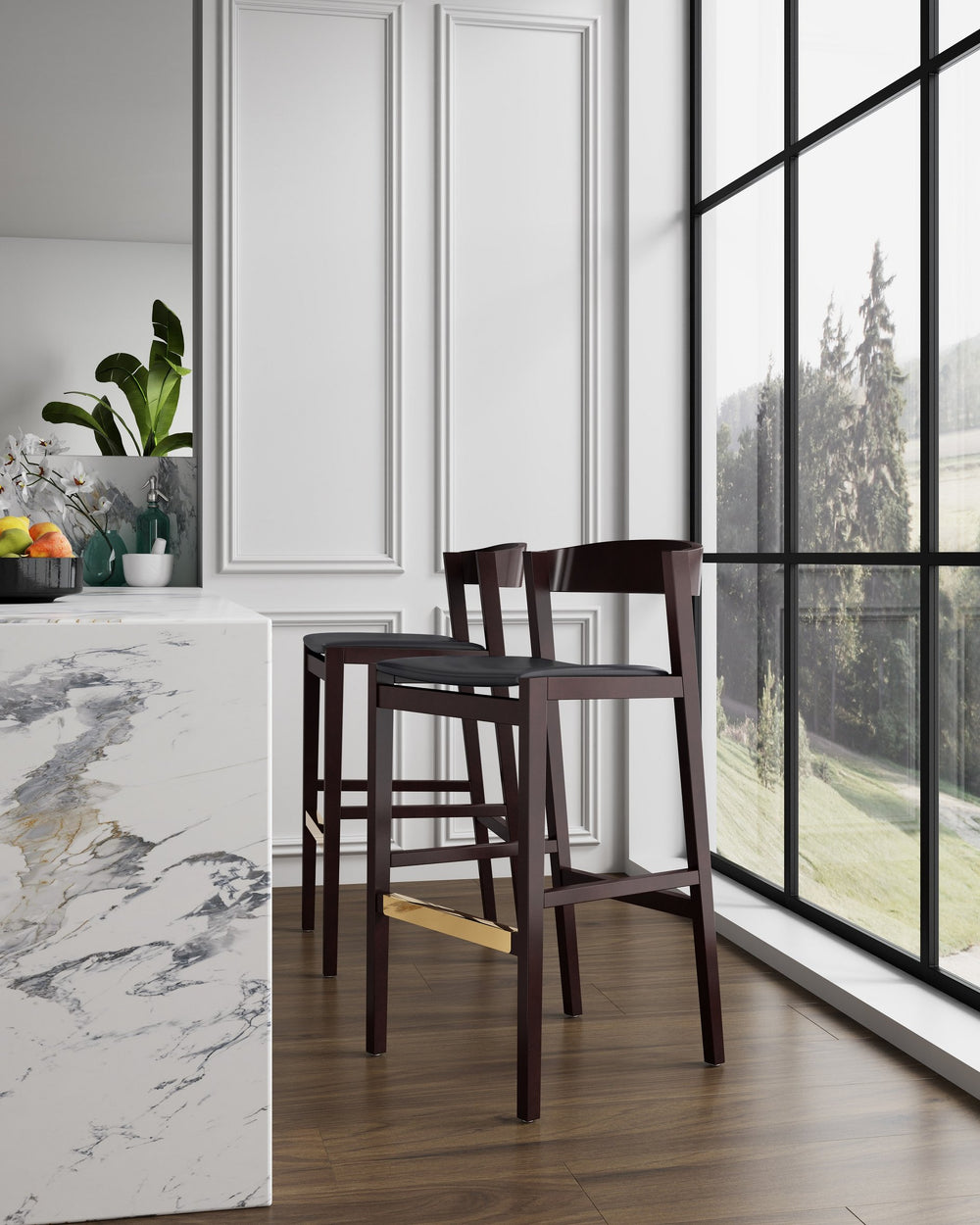 English Elm Klismos Wood Upholstered Barstool with Walnut Beech Frame, Faux Leather Seat, Gold Footrest, 30.5" Seat Height Black B365P398448