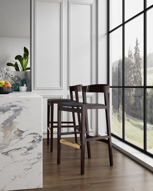 English Elm Klismos Wood Upholstered Barstool with Walnut Beech Frame, Faux Leather Seat, Gold Footrest, 30.5" Seat Height Black B365P398448