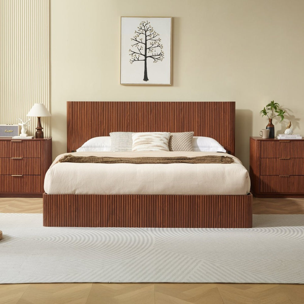 English Elm King Platform Storage Bed Walnut Hydraulic Lift Corrugated Wood Headboard Frame W1820S00060
