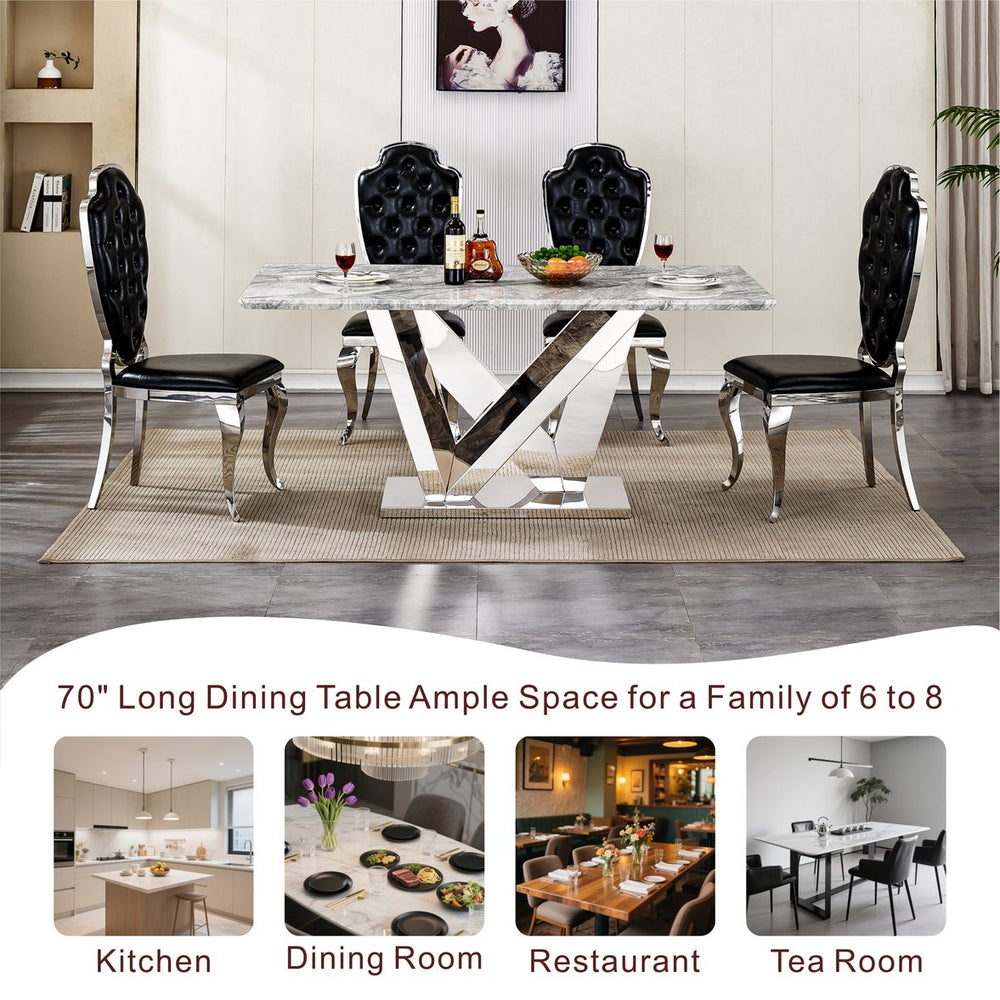 English Elm Marble Dining Table For 6 - 70'' Rectangular Faux Marble Top & Mirrored Stainless Steel Base W3456S00043