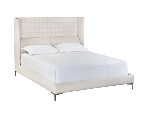 Sunpan Cairo Bed - Luxurious Deep Tufted Design with Cushioned Headrest and Elegant Antique Brass Legs Queen