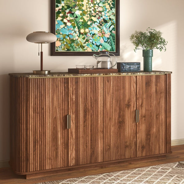 English Elm 60'' Fluted Oak Credenza with Faux Marble Top and Gold Trim Four Door Buffet Walnut W5216P454713