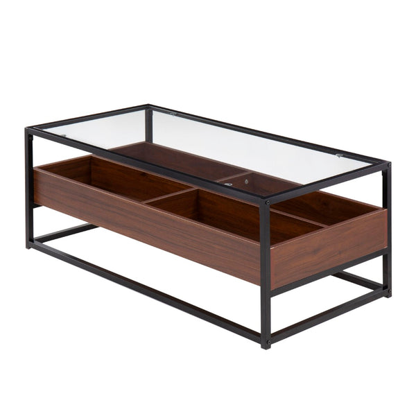 English Elm Contemporary Glass Top Coffee Table with Walnut Storage and Black Steel Frame B202P223305