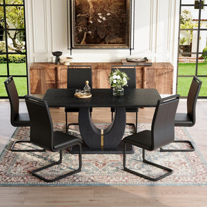 English Elm Black Wood Grain Rectangular Dining Set Seats 6 with Pu Leather Chairs Modern Style W1151S04440