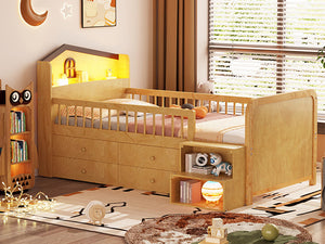 English Elm Low Twin Loft Bed with House-Style Headboard and Built-In LED Lights for Modern Kids' Rooms Natural 42.91 L x 28.35 W x 6.69 H W2593S00007