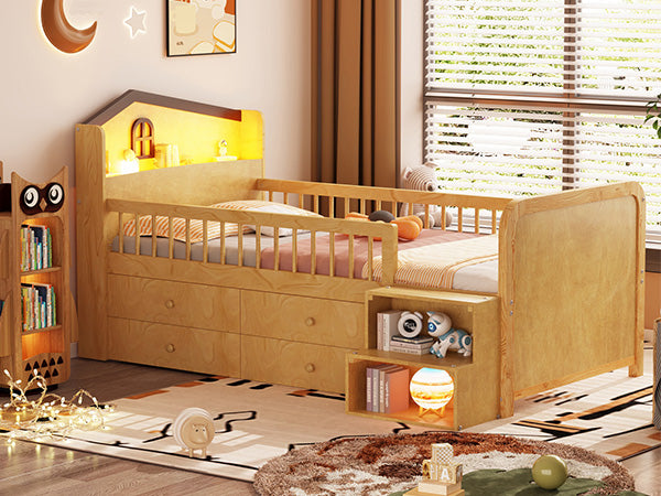 English Elm Low Twin Loft Bed with House-Style Headboard and Built-In LED Lights for Modern Kids' Rooms Natural 42.91 L x 28.35 W x 6.69 H W2593S00007