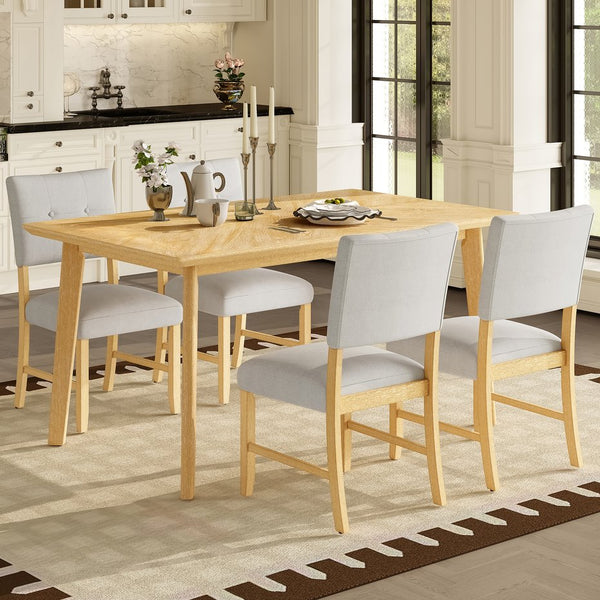 English Elm 5 Piece Dining Set Rustic Farmhouse Rectangular Table with 4 Upholstered Chairs Solid Wood Seats for 4 Natural Wood Wash N752S400015D
