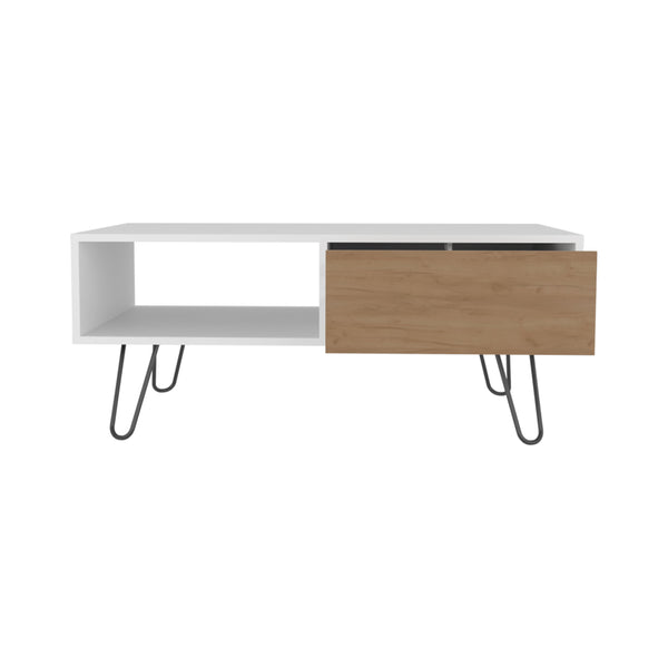 English Elm Coffee engineered wood coffee table on casters with single shelf, minimalist, durable, eco-friendly White + Light Oak 45.67 L x 39.6 W x 3.94 H B097P262379
