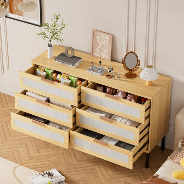 English Elm 6 Drawer Oak Dresser with Linen Fronts and Metal Legs for Modern Bedroom Storage T3773P422847