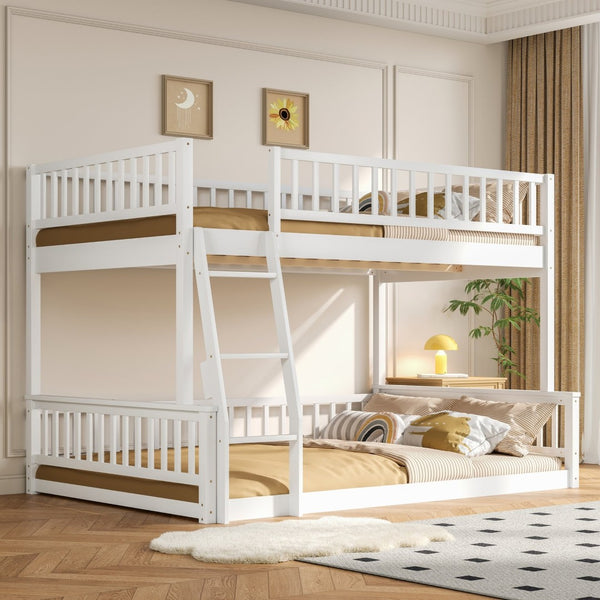 English Elm Full Xl Over Queen Bunk Bed Pine Frame with Guardrails Ladder and Slat Support White GX000450AAK