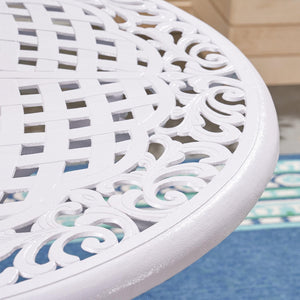 English Elm Christopher Knight Home® - Dieter White 4-Person Cast Aluminum Patio Dining Set with Lattice Scrollwork Table & Umbrella Hole 54589.00WHI-4_54588.00WHI